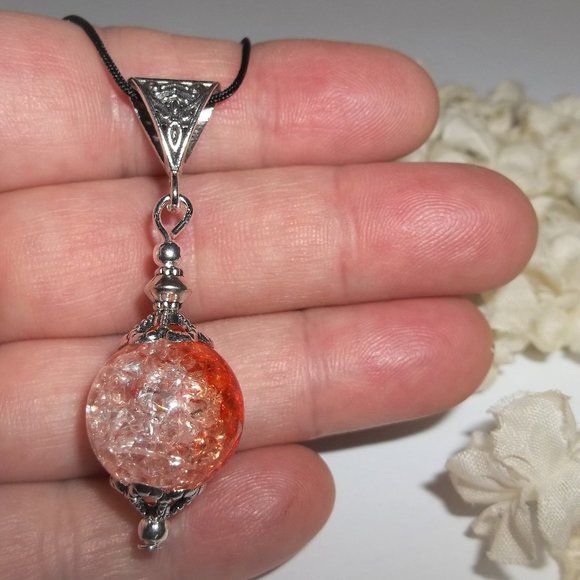 Orange Clear & Silver Necklace Pendant Ombre Style Jewelry Beaded Handmade A113 - Picture 6 of 9